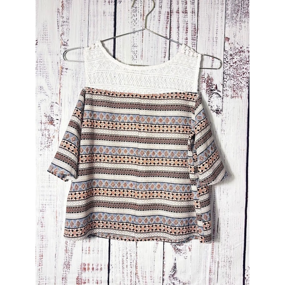 Ness Boho Cold Shoulder Tribal Print Crochet Top Small Festival